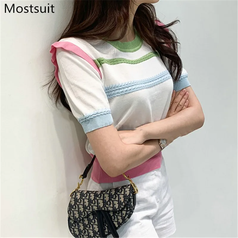 

Color-blocked Twisted Knitted Pullover Sweater Women Summer Short Sleeve O-neck Buttons Tops Korean Fashion Ladies Jumpers 2021
