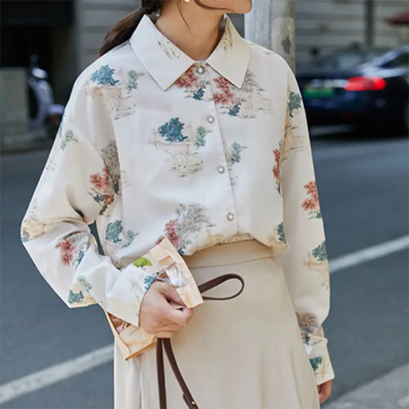 

Женская шифоновая блузка с длинным рукавом, Повседневная Свободная рубашка с отложным воротником и винтажным принтом, корейский стиль, M533, ...