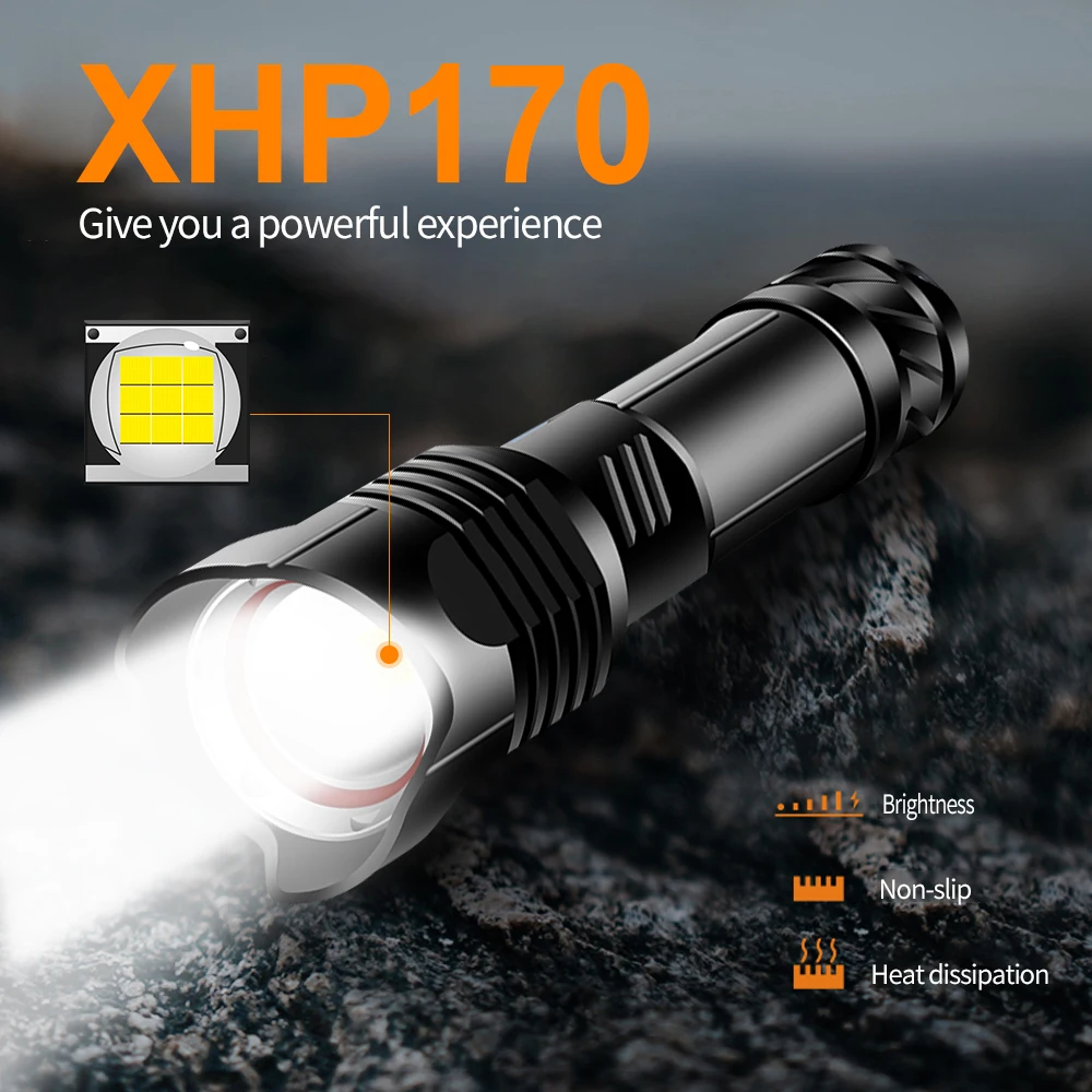 

XHP170 LED Flashlight Torch Tactical Flash Light Super Powerful USB Rechargeable XHP90.2 Flashlight 18650 22650 Portable Lantern