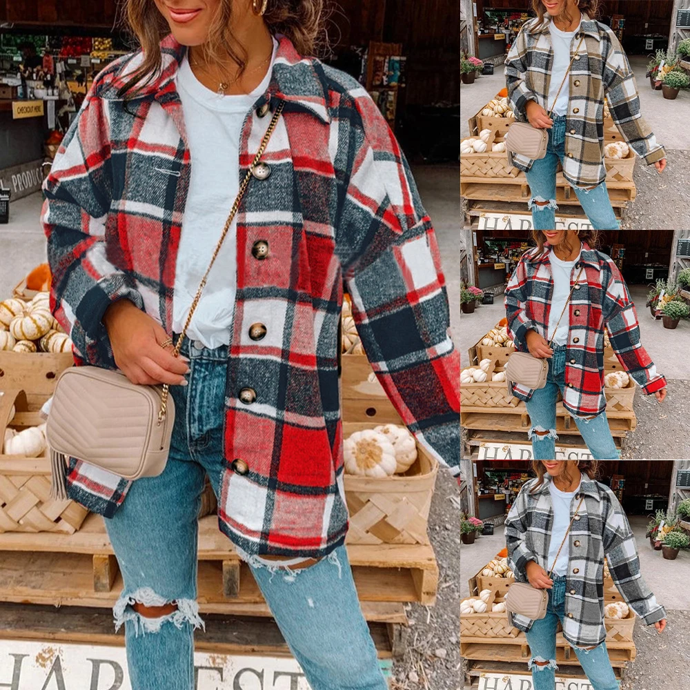 

Turn-Down Collar Button Ladies Tops Plaid Printed Women Coat And Jacket Clothing Autumn Spring Button Coat Outwear