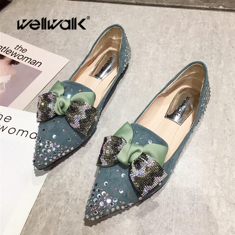 

Fashion Bowknot Shoes Women Dress Moccasins Pointed Toe Loafer Female Spring Colorful Rhinestone Flat Shoe Woman Funny Ballerina