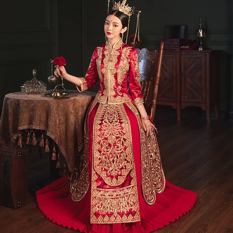 Retro Exquisite Embroidery Rhinestone Cheongsam Chinese Couple Wedding Suit Elegant Bride Marry Dress китайская одежда