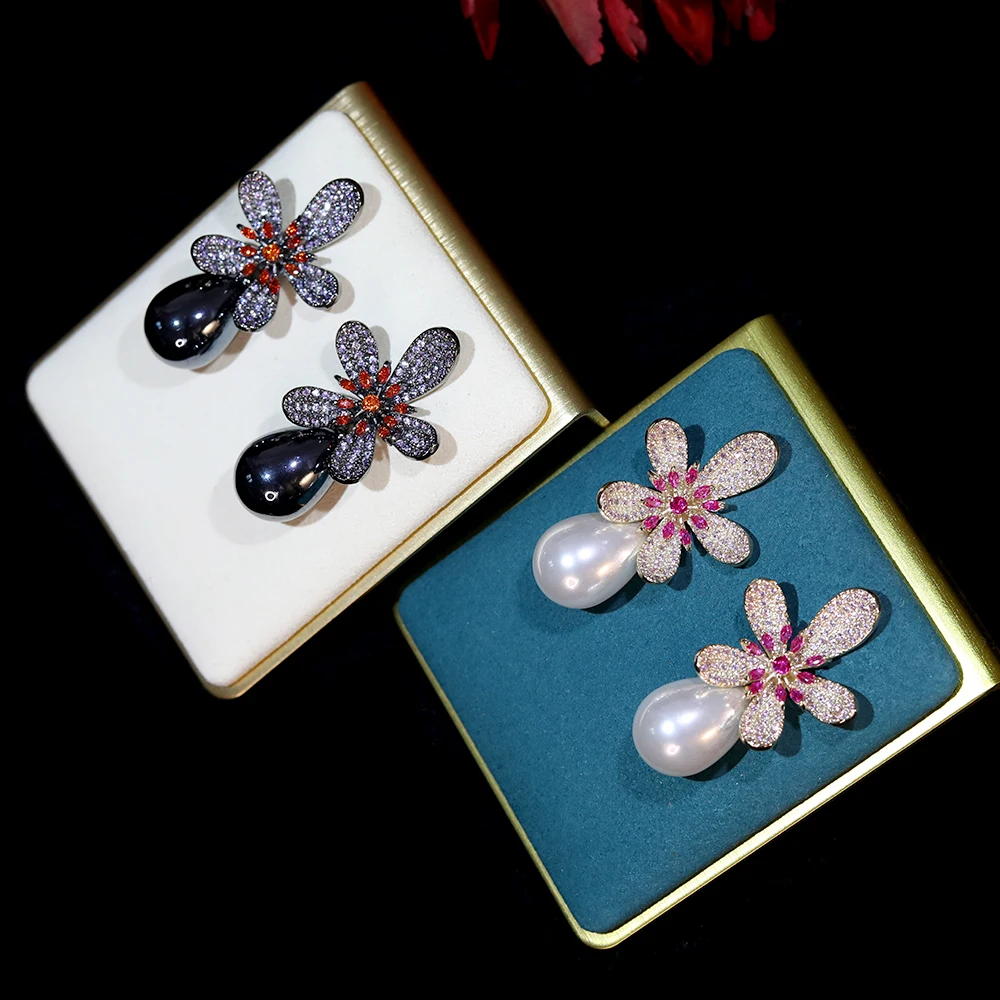 Серьги женские с черным жемчугом и розовым цветком фианитом E0049 | Украшения