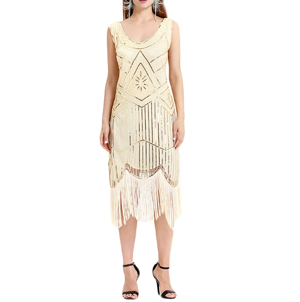 Женское летнее платье в богемном стиле винтажное с бахромой и бусинами кружевное