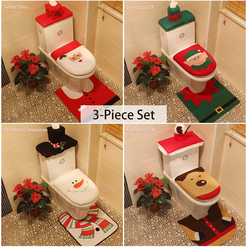 

Рождественское украшение для дома, чехол на сиденье унитаза с рисунком Санта-Клауса, Рождественский чехол для унитаза, комплект из трех пре...