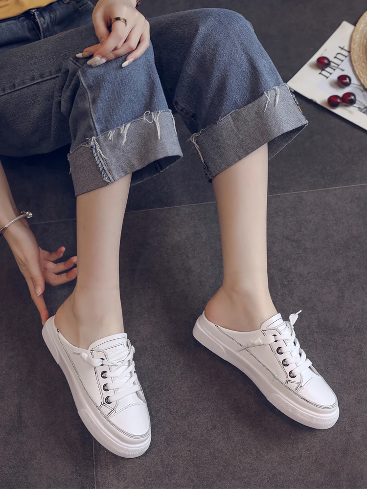 

Women Slippers Flat Female Mules Fashion Leather Shoes ClosedToe Ladies Casual Elegant Women Slippers Lace Up Casual Slippers