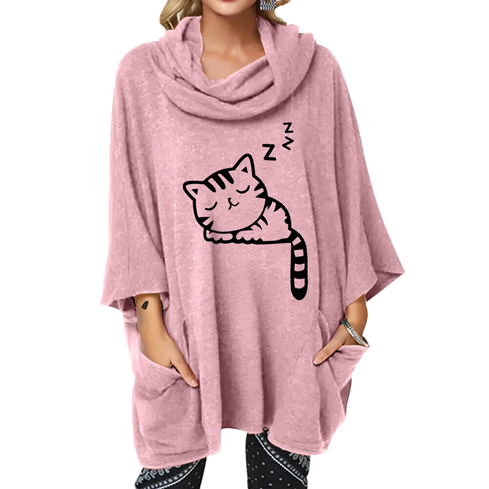 Harajuku Hoodie Women Kawaii Anime Cute Cat Cartoon Hooded Sweatshirt Middle Sleeve Pocket Sweatshirts Tops oversized Pullover