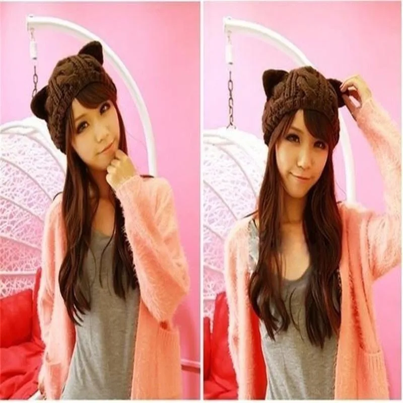 

Lovely Cat Ears Knitted Hat Women Winter Warm Solid Color Cute Autumn Beanies Casual Wool Caps