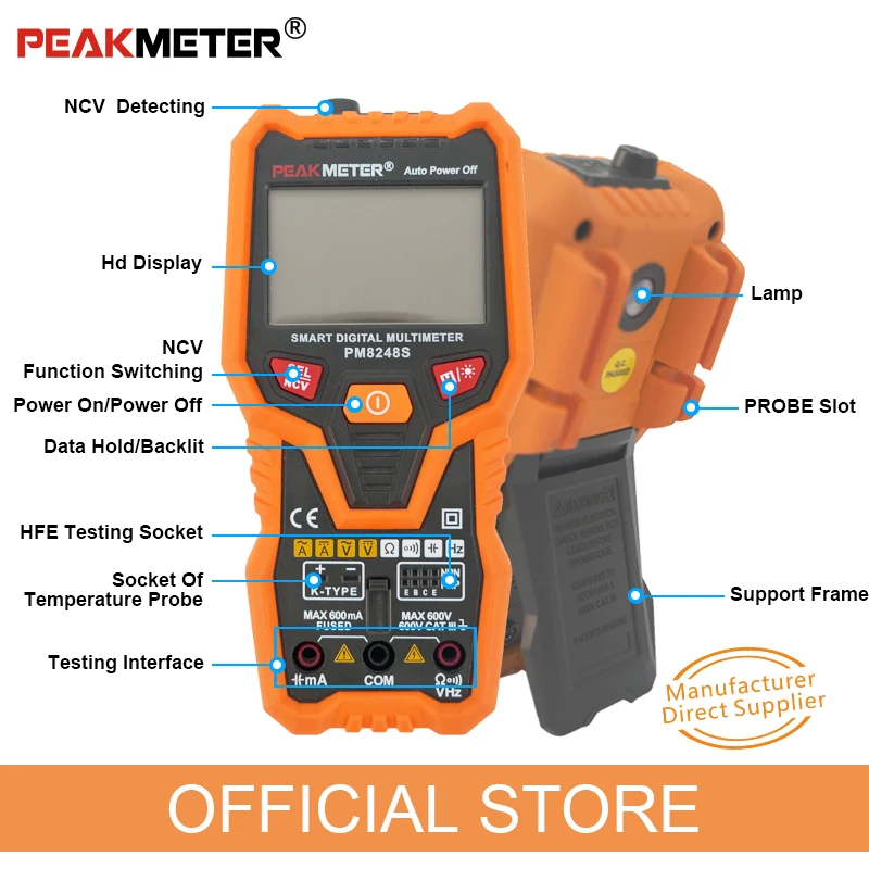 Peakmeter PM8248S Smart AutoRange Professional Digital Multimeter Voltmeter NCV Frequency Backlight Temperature Transistor test |
