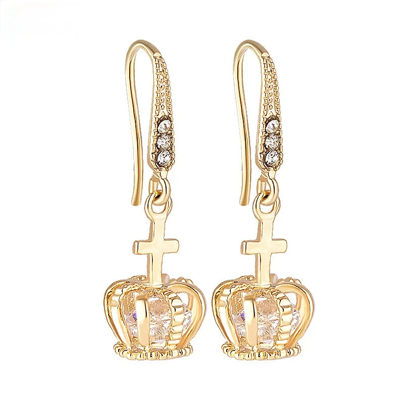 

2021 New Luxury Queen Crown Drop Earring For Women Gold Color White Zircon Birthstone Dangle Earrings Princess Wedding Jewelry