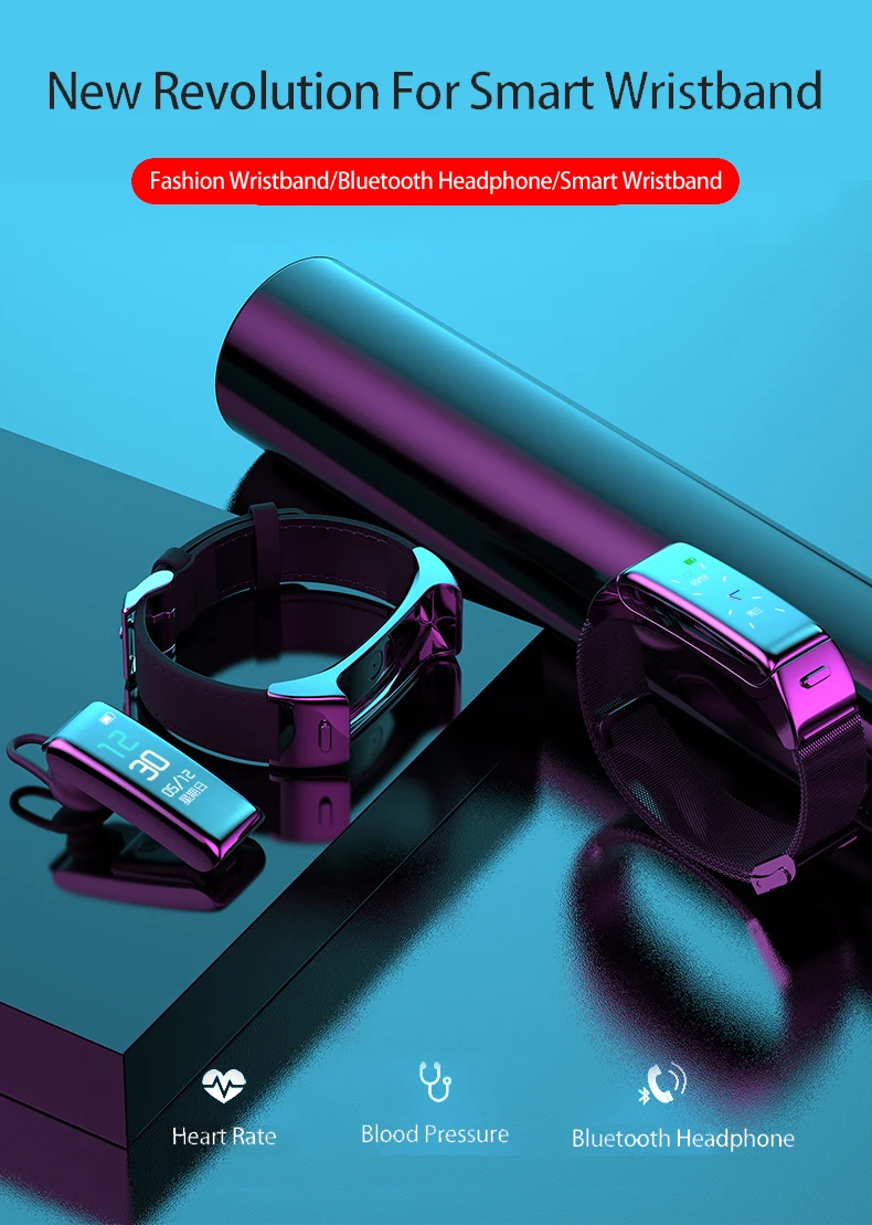 B6 Bluetooth earphone smart headset watch with microphone Smart Bracelet Waterproof touch screen Watch Band Alarm Clock