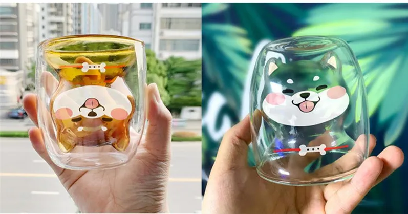 Милые Косплей Shiba «Лисья Секретная служба»(Inu чашки Стекло двойной-Слои термостойкого Кофе Чай сок LuckyCup тапочки с изображением милой собаки прозрачный Цветной детский молочный напитки