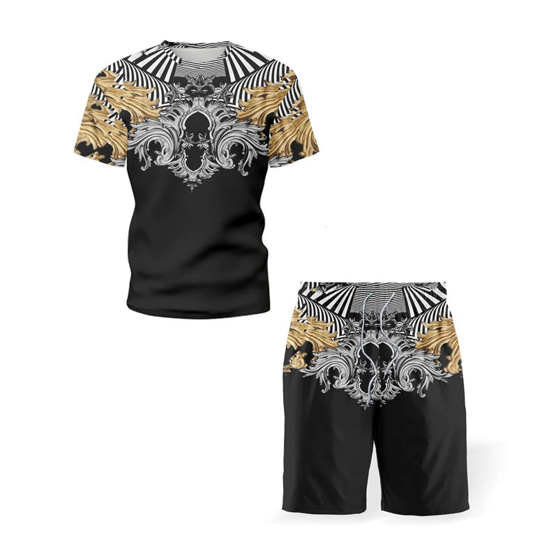 

2021 Summer Mens Sets T-Shirt+Shorts 2 Packs Retro Ethnic Style 3d Print Cool Design O Collared Tees Oversized t shirts for men