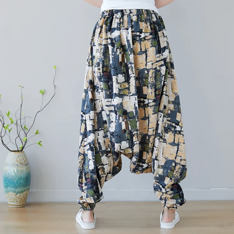 

0810 Oversize Women Cross-Pants Summer Fashion Soft Comfortable Printing Loose Big Size Elegant Elastic Waist Casual Trousers