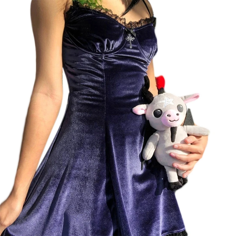 

Women Gothic Punk Sexy Velvet Slim Mini Dress Ruffles Lace Trim Bowknot Cross Pendant Spaghetti Strap Vintage Harajuku Party Clu