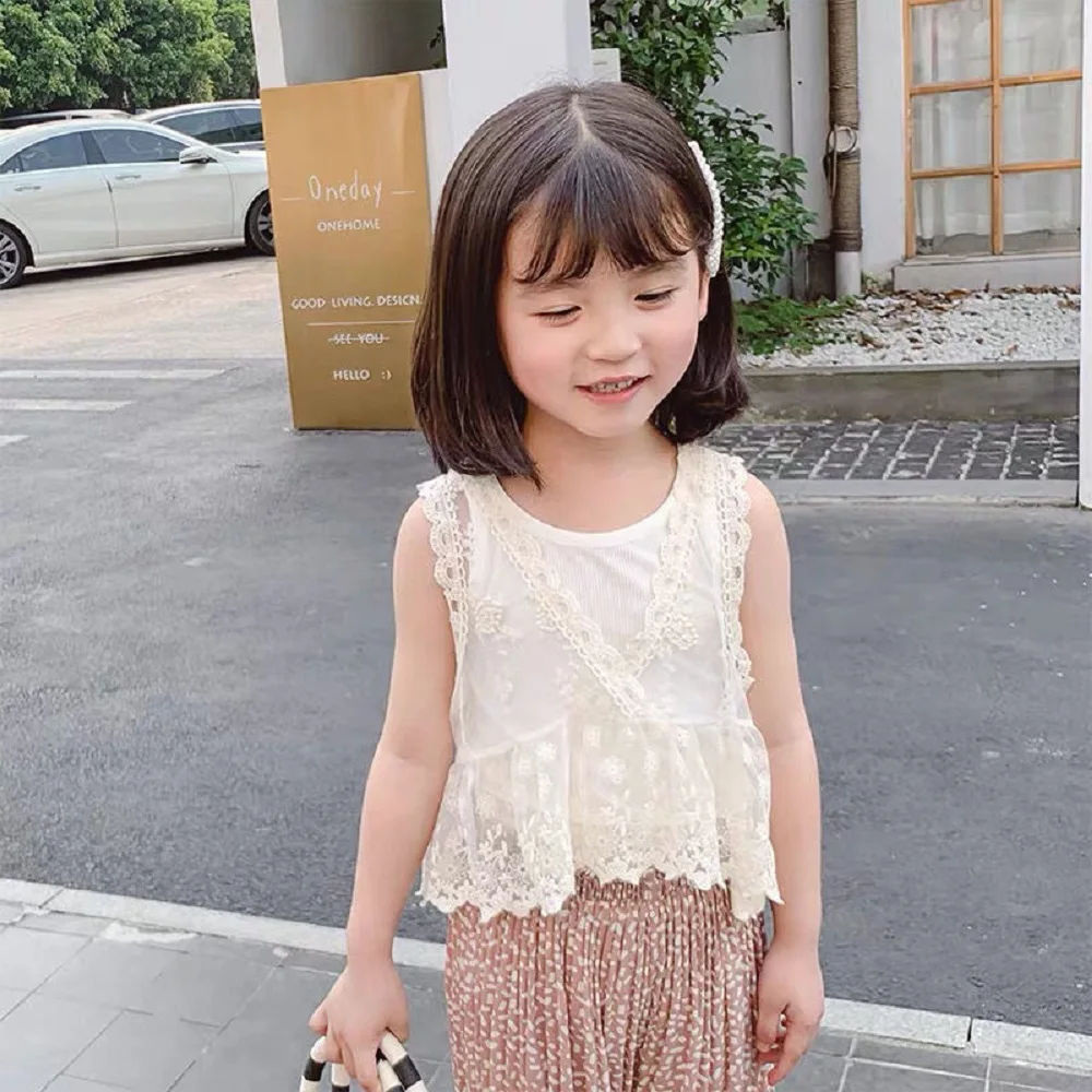 

Kids T Shirt Summer Sleeveless Children Tshirt Cute Baby Girls Flower Lace Top for Girls Party Holiday Outfit Top Shirt