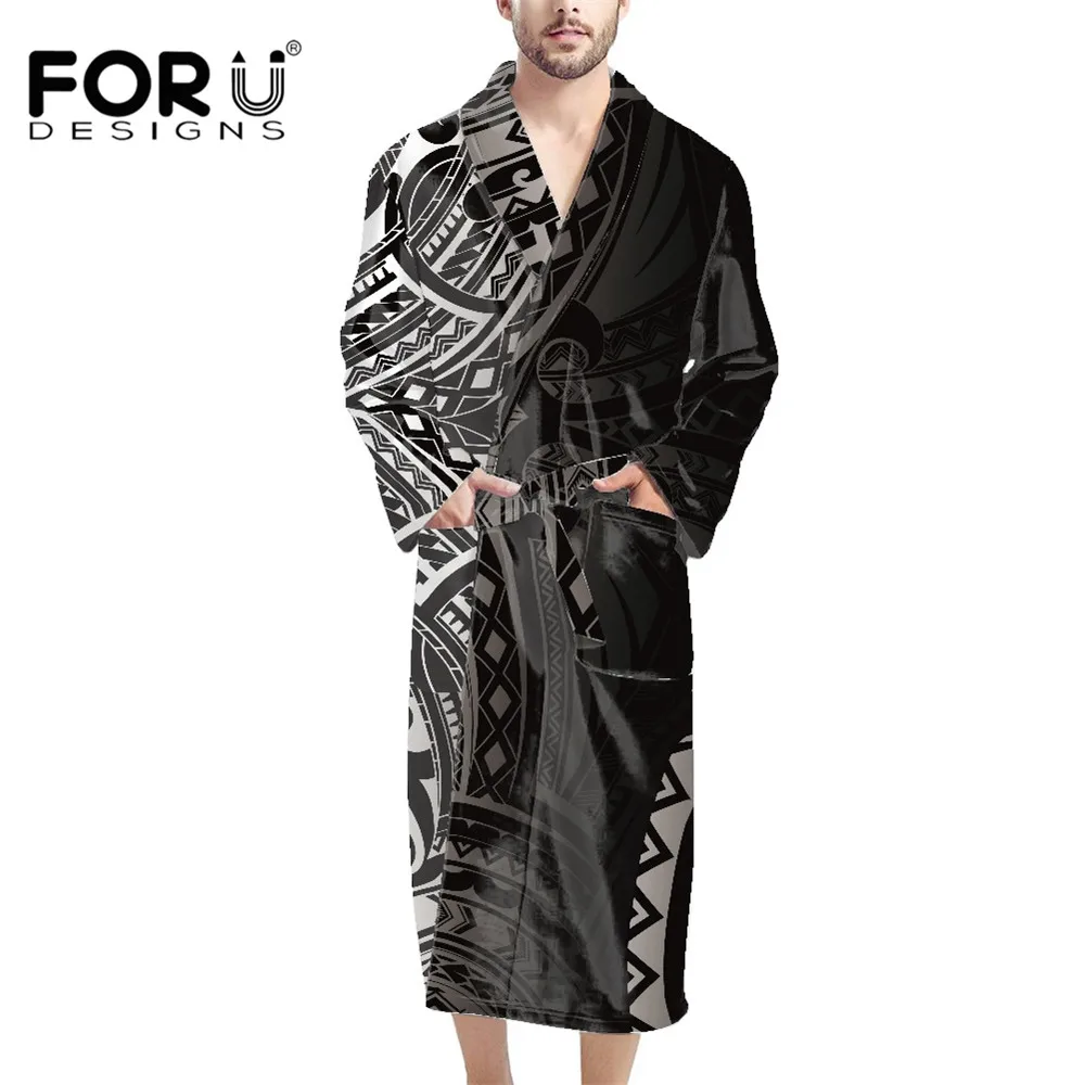 

FORUDESIGNS Polynesian Hawaiian Style Black Nightgown For Mens Classic Shawl Cozy Bathrobe with Pocket High Quality Clothing