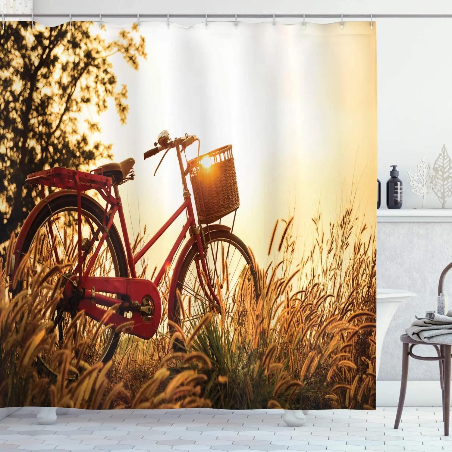

Занавеска для душа велосипедная в классическом ретро-стиле, романтический тканевый комплект с крючками для ванной комнаты и заката, с обзор...