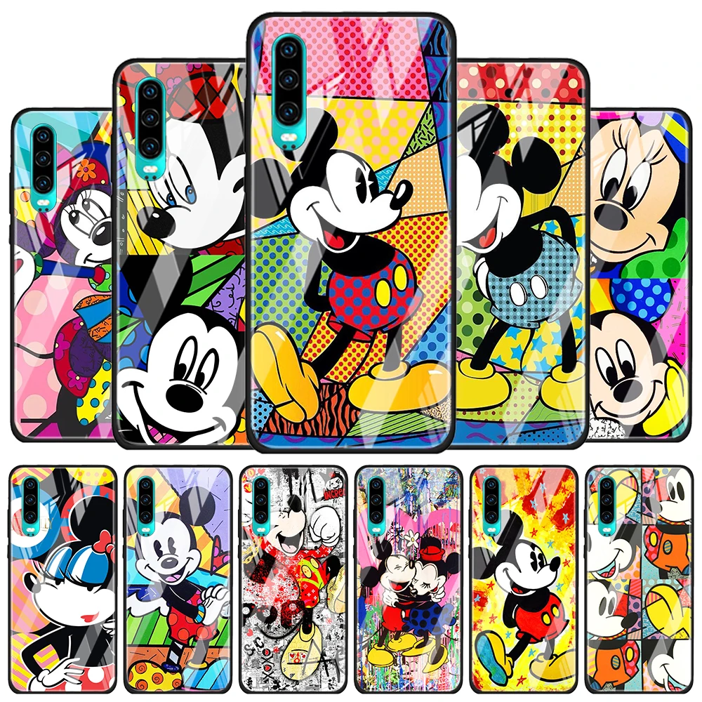 

Color Disney Mickey for Huawei P40 P30 Pro Plus P20 P10 Lite P Smart Z 2021 2020 2019 Luxury Tempered Glass Phone Case