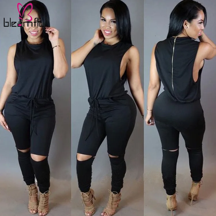 Женский комбинезон с О образным вырезом и высокой талией без рукавов завязками