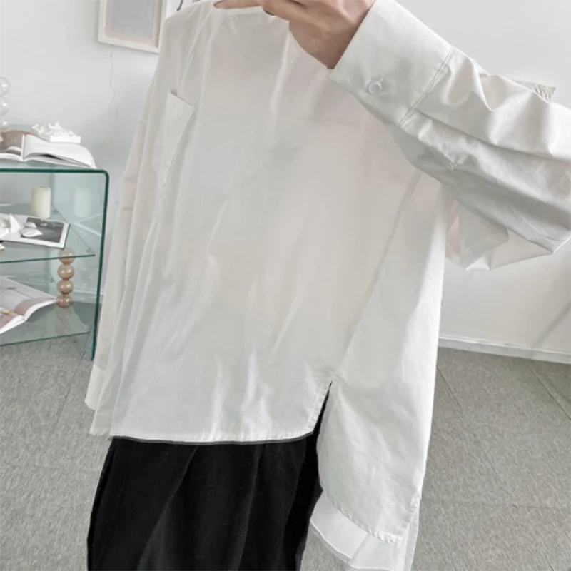 Men's Long-Sleeve Shirt Spring And Autumn New Personality Irregular Pullover Pure Color Casual Loose Large Shirt