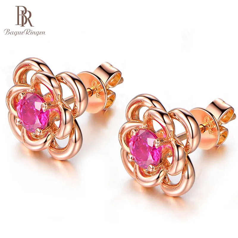 Женские серьги гвоздики из серебра 925 пробы с рубиновым цветком Bague Ringen цвет