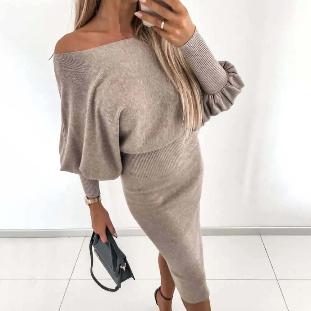 

Tunics Dresses Slim Fit Waist Shaping Slash-neck Lantern Long Sleeve Knitted Dress for Dating Elegant Woman Tunics Dresses Robe