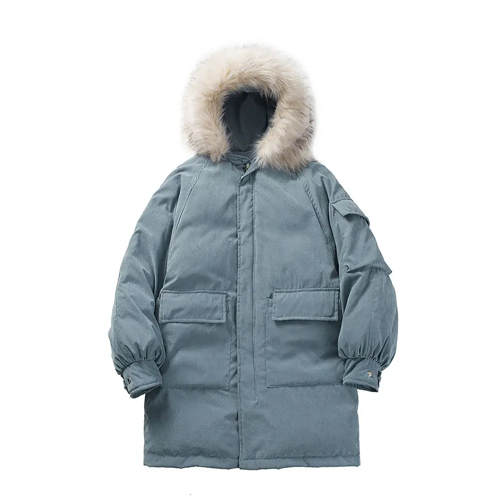 

Hooded Fur Collar Jacket Male Winter Windproof Cargo Coat Stand-up Collar Jackets Multi-pocket Mid-length Parka Men Clothes