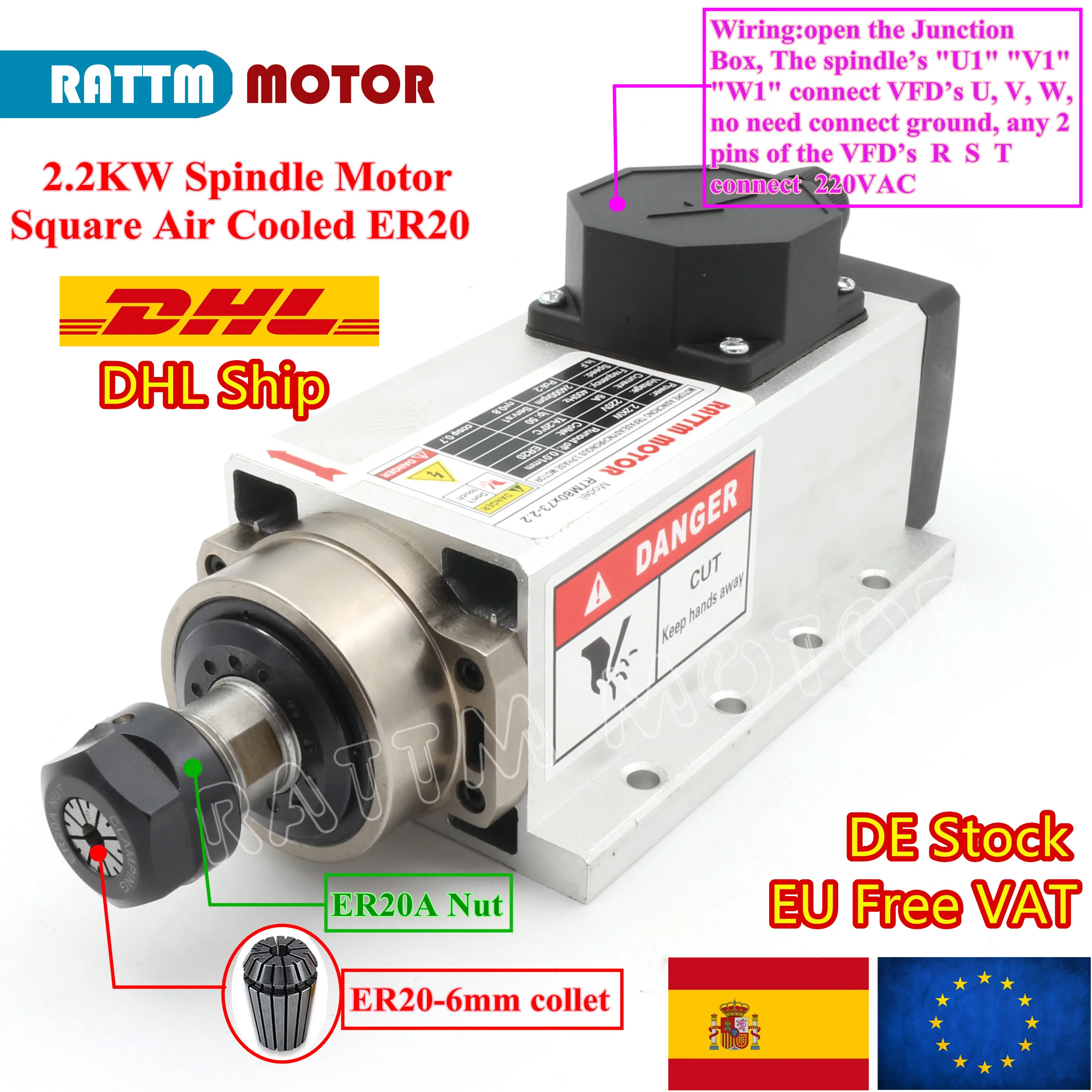 

【Стандартный/европейские размеры, Бесплатная VAT】Square 2.2kw ER20 высокого качества с воздушным охлаждением двигателя шпинделя 220 В 400 Гц схода-off 0...