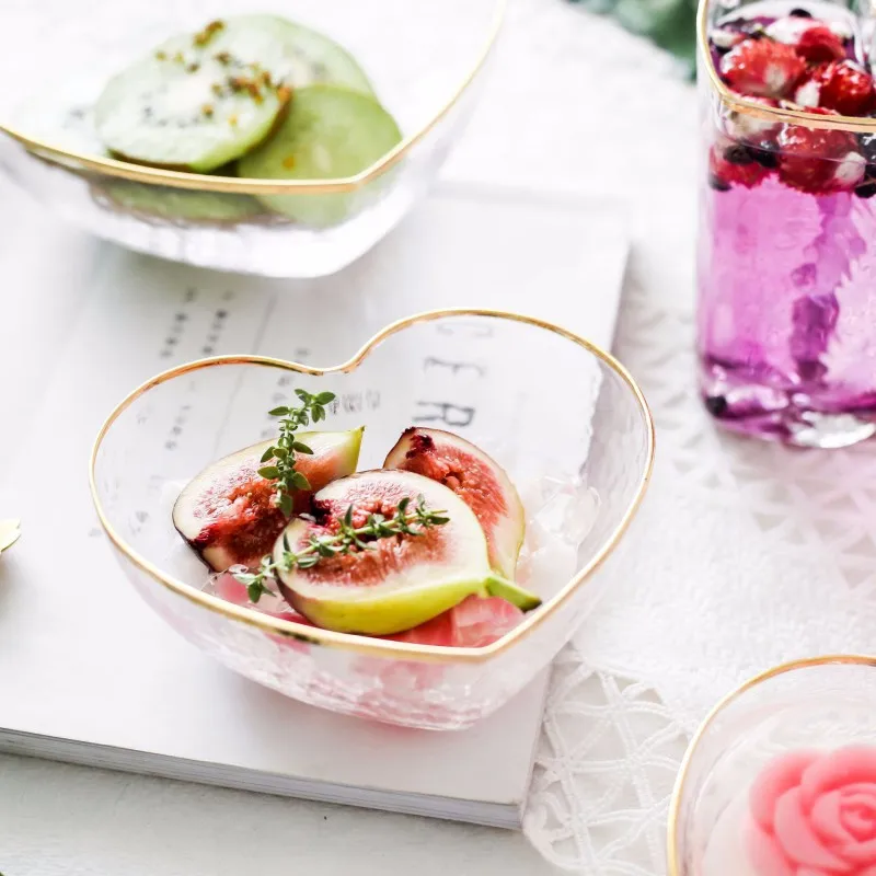 

Hammered Gold Rim Glass Bowls Japanese Style Fashion Heart-Shaped Bowl Kitchen Utensils Home Supplies