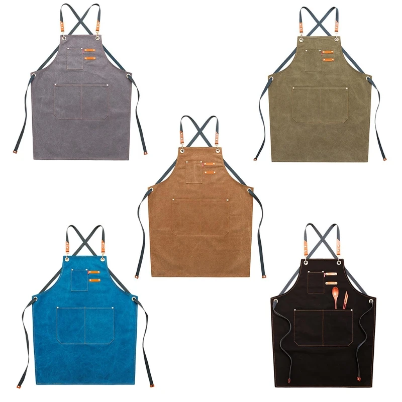 

Chef Apron Cotton Canvas Cross Back Adjustable Apron with Pockets for Women and Men, Kitchen Cooking Baking Bib Apron, Strap and