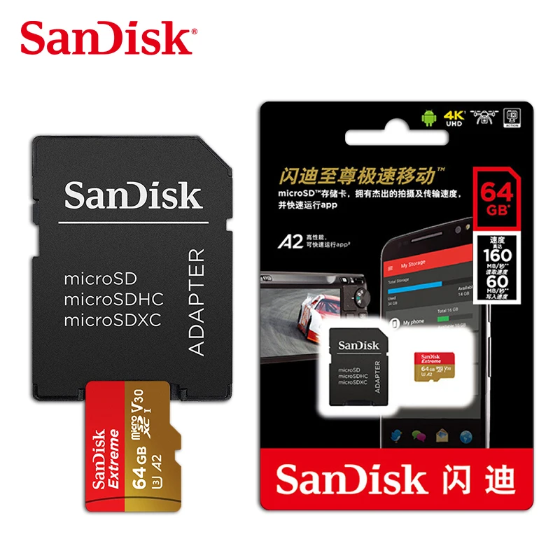 sandisk Extreme Pro Micro SD Card до 170 МБ/с. A2 V30 U3 64 Гб 128 sandisk TF карты высокой Скорость слот для карт памяти