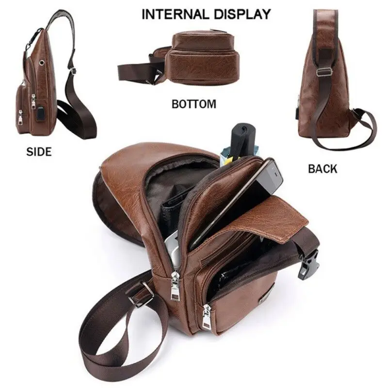 

Fashion Men Vintage Chest Bag Crossbody Bag with USB Charging Port for Cycling Camping Casual Wear Waterproof Large Capacity