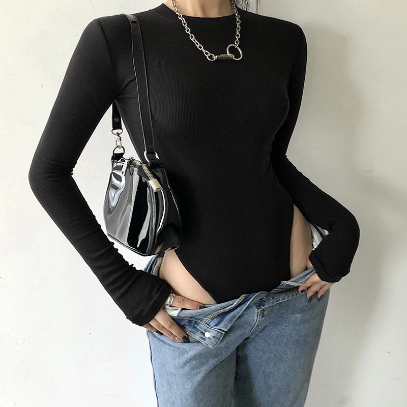 one shoulder bodysuit Solid Ribbed Knit Black Gray Female Bodysuit Turtleneck Top Women Long Sleeve Fall 2020 Winter Bodycon Keep Warm Khaki Body Sexy bodysuit women