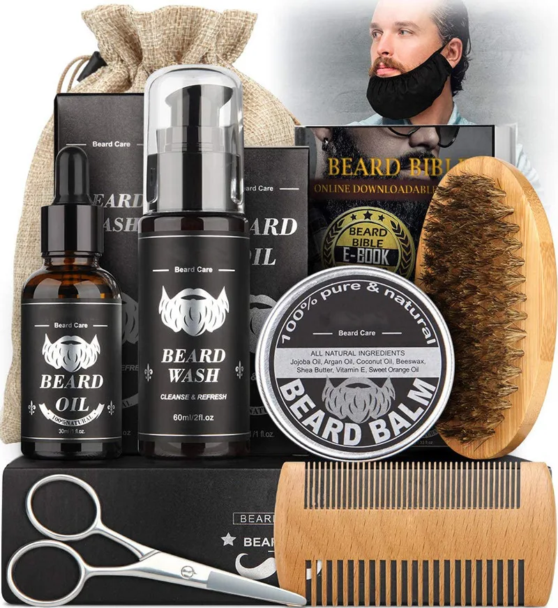 

7PCS/SET Beard Growth Kit for men Shampoo Wash Conditioner Growth Oil Balm Softener Double-sided Comb Bristle Brush Scissors