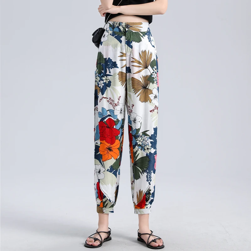 

Real shot 2020 large size women's pants original design irregular harem pants small feet stitching printed pants