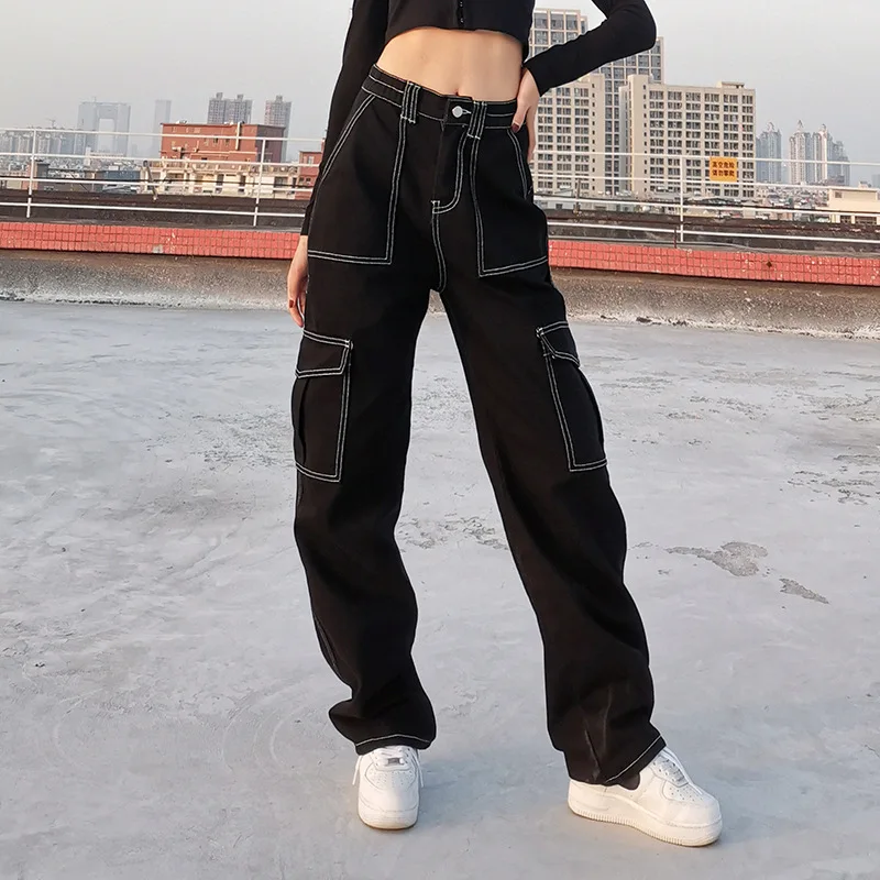 

Coldker Hoge Kwaliteit Losse Cargo Broek Dames Broek 2021 Mode Zwarte Baggy Hoge Taille Overalls Koreaanse Denim Jeans