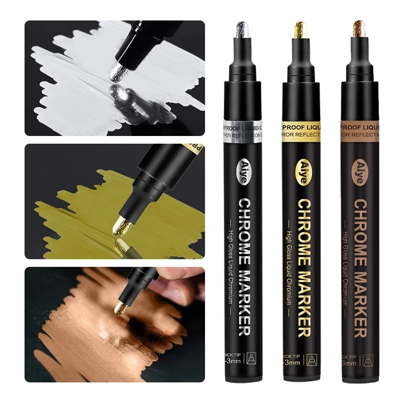 Rotulador de espejo l&iacute;quido para manualidades, bol&iacute;grafo met&aacute;lico resistente al agua y a los rayos UV, acabado cromado, dorado y plateado, 3 unids/caja-4