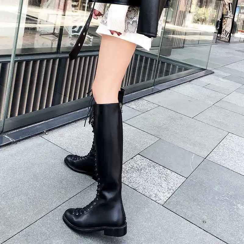 Harga Krazing Pot Bulat Toe Kulit Sapi Tetap Hangat Tebal Tumit Rendah Eropa Modern Streetwear Penuh Renda Naik Paha Tinggi Sepatu L37