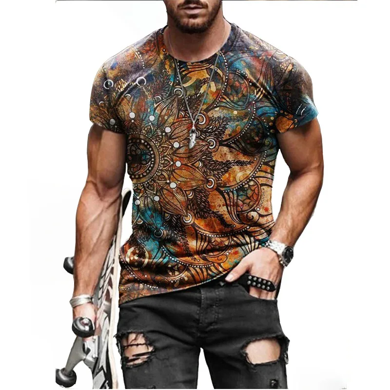 

Retro men's T-shirt 2021 summer short-sleeved Harajuku ethnic 3D printing new trendy brand fashion O-neck shirt