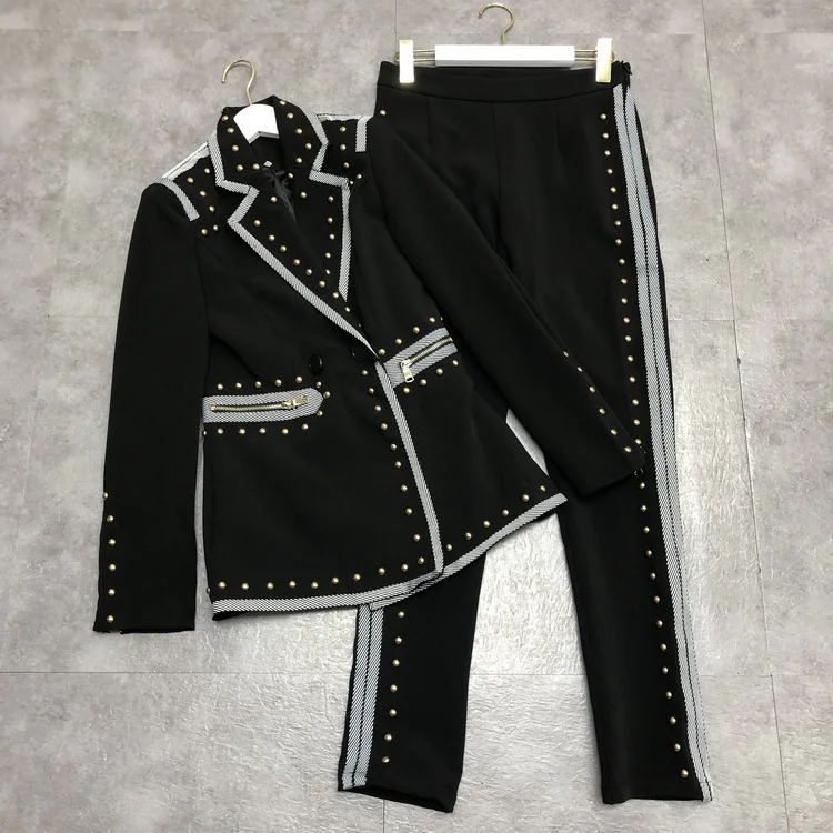 Брючные костюмы женские наборы черный блейзер длинный рукав Модный бисер 2 шт