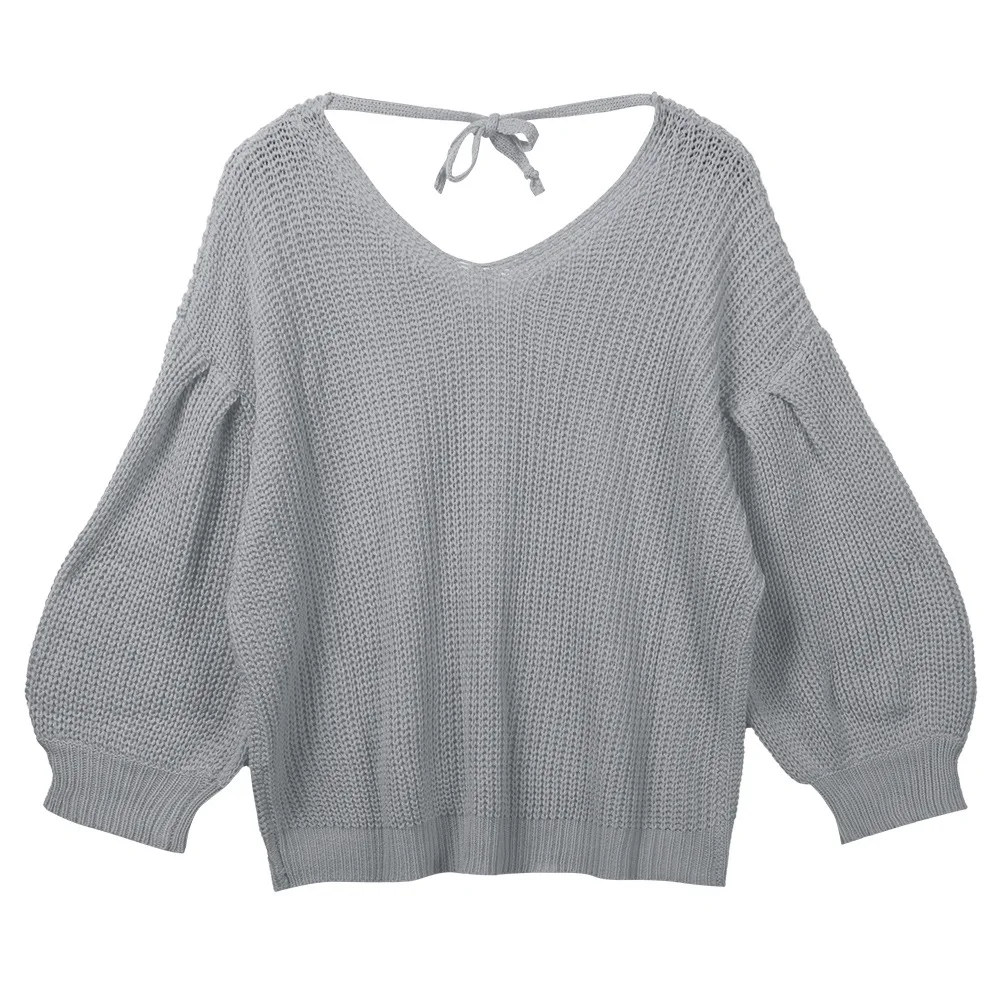

Women backless lantern long sleeve v neck loose knitted sweater Plus size solid oversized sweater Casual black pollover
