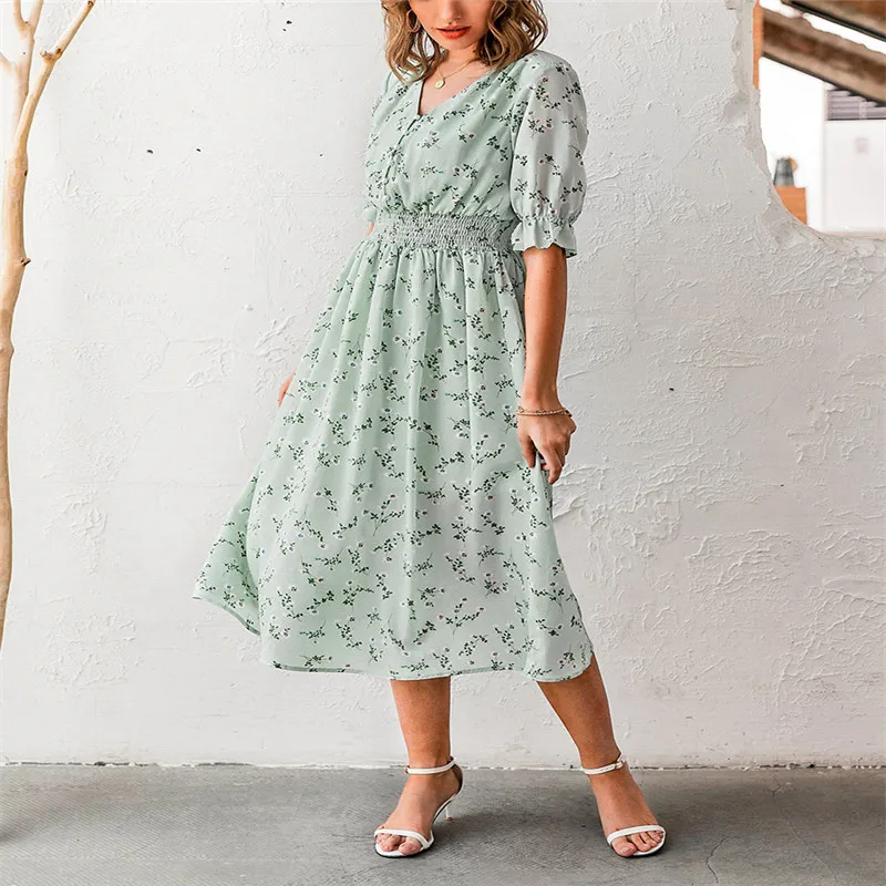 

Women floral print dress summer Elegant short sleeve a line v neck green dress Smock high waist dress office Dress