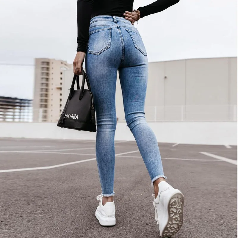 

2021 Summer Casual High Waist Slim Denim Trousers Fashion Ripped Hole Pencil Long Pants Spring Solid Women Jeans Streetwear XXL