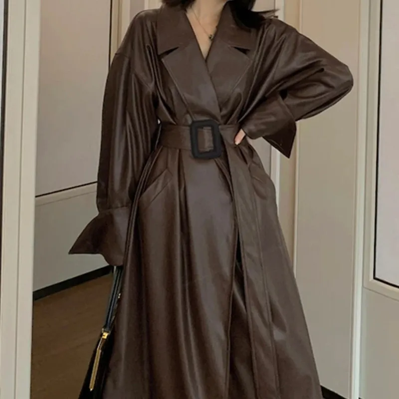 

Autumn Long Oversized Brown Faux Leather Trench Coat for Women Belt Runway Stylish Loose European Style Fashion 2022