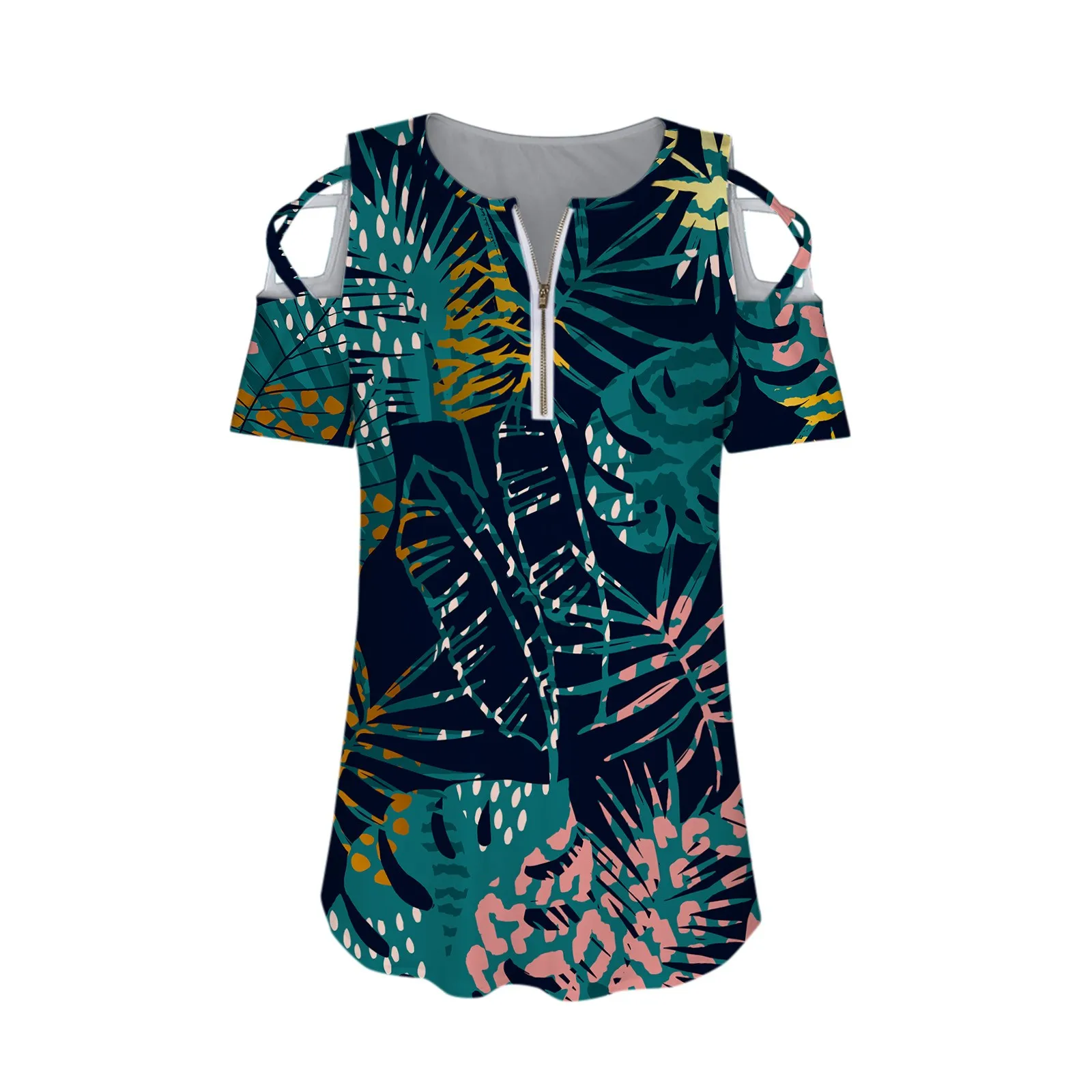 

Fashion Women's Zipper Strappy Cold Shoulder Shirts Tank Plus Size Floral Print Tops V Neck Blouse Summer Loose Women Clothing