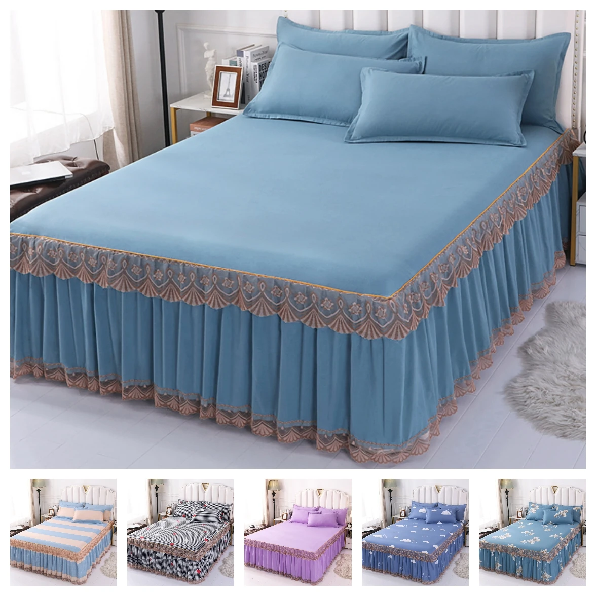 

Hot Style Bedding Lace Double Layers Ruffled Bed Skirt Pillowcases Bed Sheets Mattress Cover King Queen Full Twin Bed Cover