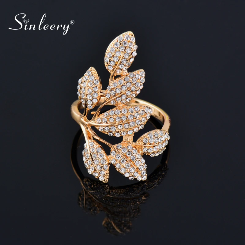 Женское кольцо на палец SINLEERY Золотое с кристаллами в виде листика для вечеринок