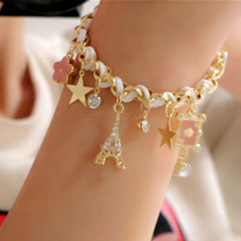 Fashion popular wild five-pointed star flower playing card A Paris Eiffel Tower crown leather rope woven bracelet anklet female | Украшения
