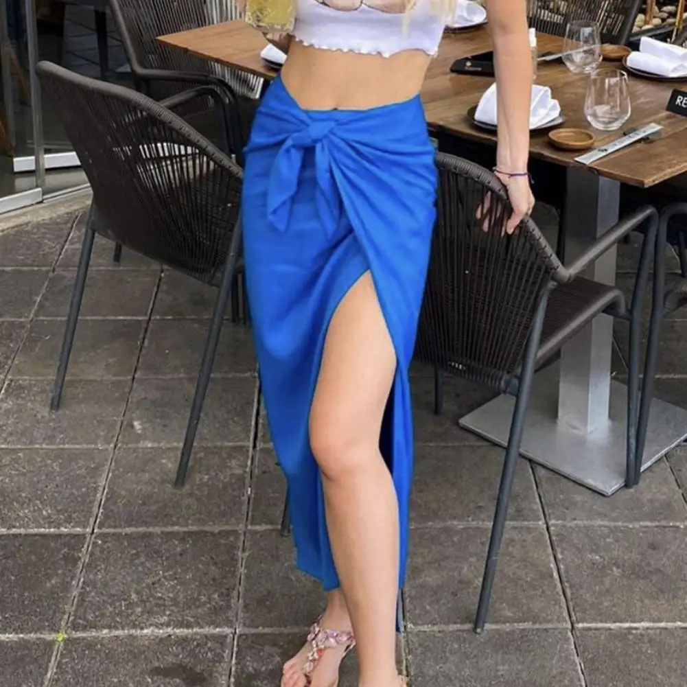 

2021 New Blue Wrap Midi Summer Skirt Women Vintage High Waist Sarong Skirts Fashion Side Knotted Slit Ruched Woman Skirt Mujer